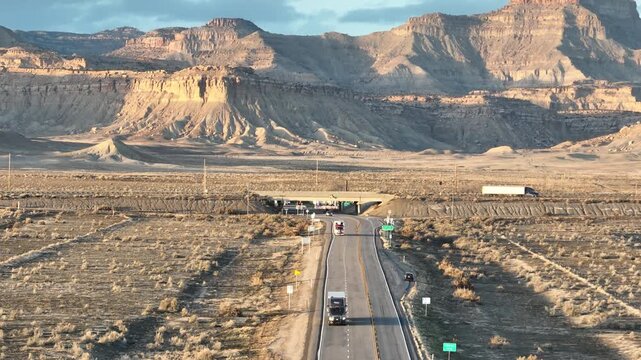 Utah Rock Formations And Highway Aerial Telephoto View