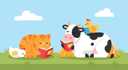 Obraz premium Playful farm animals reading books together on a sunny meadow day, a cheerful countryside scene.