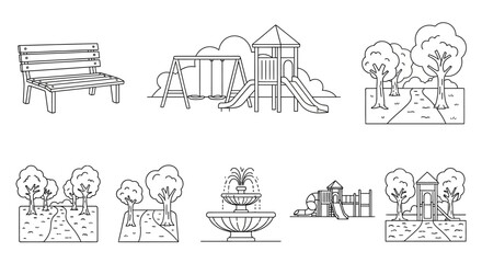 Obraz premium Line art illustrations of various park elements including benches, playgrounds, fountains, and landscaped areas.