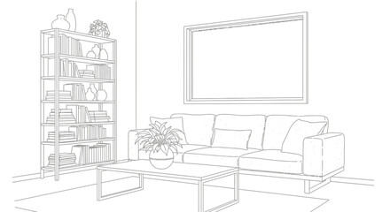 Line art illustration of a modern living room interior with a sofa, coffee table, bookshelf, and a large empty picture frame on the wall.