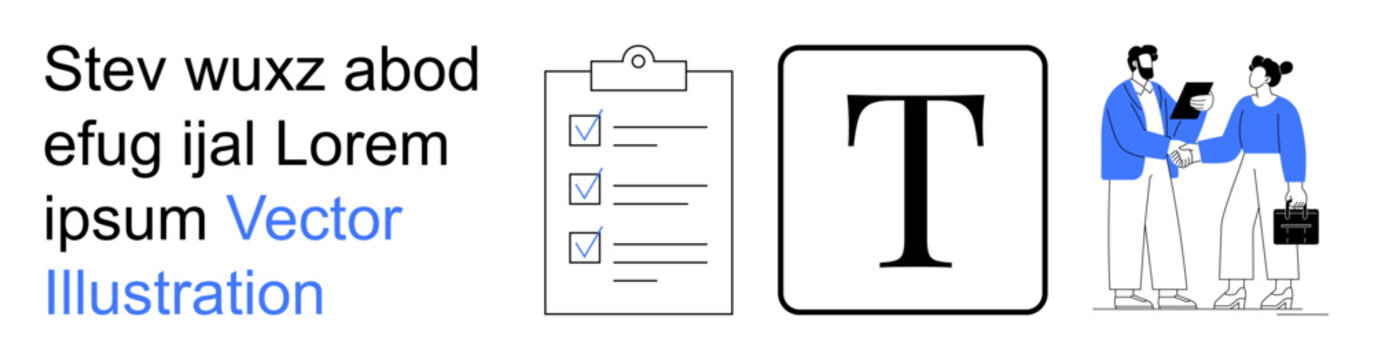 Business concepts, collaboration, workflow, agreements, teamwork, documentation. A clipboard with a checklist, typography and two individuals shaking hands. Business collaboration and teamwork