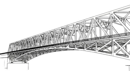 Fototapeta premium Detailed wireframe blueprint of a large steel truss bridge structure.