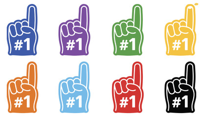 Obraz premium Fan Foam Hands Number One Set, vector illustration of sports fan finger gloves with #1 sign, colorful red, blue, green, and black icons for game support, winner champion celebration concept.