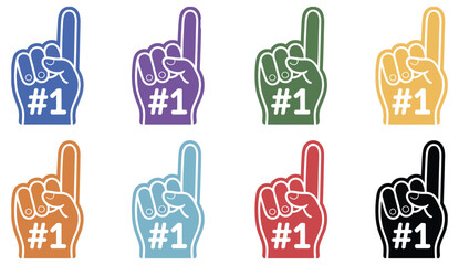 Fototapeta premium Fan Foam Hands Number One Set, collection of sports supporter finger glove icons showing number one gesture, designed in multiple colors for competitions, tournaments, championships, fan events