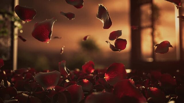 Falling red rose petals scatter across a surface with warm sunlight streaming through a window in the background. Romantic and serene atmosphere with natural light glow.