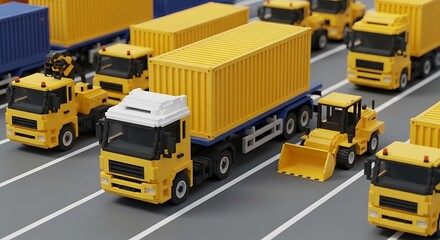 Fototapeta premium Yellow Lego Trucks Transporting Yellow Cargo Containers on a Gray Road yellow trucks