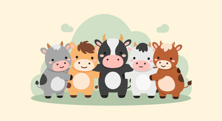 Obraz premium Adorable group of cheerful cartoon animals sitting together in a colorful lineup.