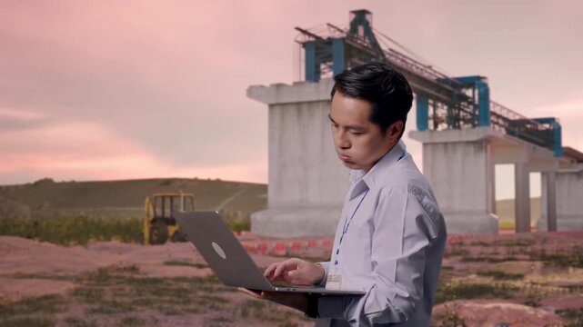 Side View Of An Asian Male Professional Worker Use Laptop at Bridge Construction with Concrete Pillars at Sunset,  He Is Nodding His Head With Dissapionted