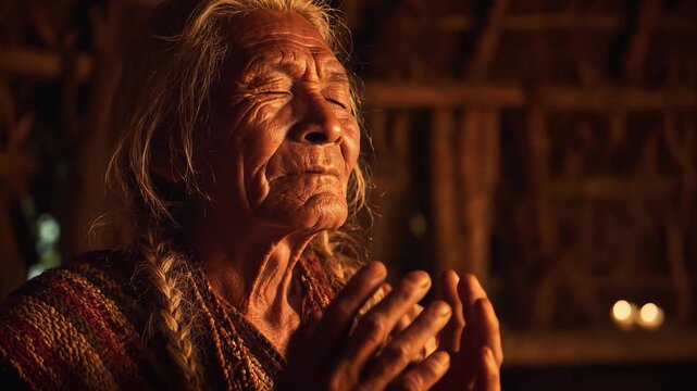 Elder indigenous person praying by firelight