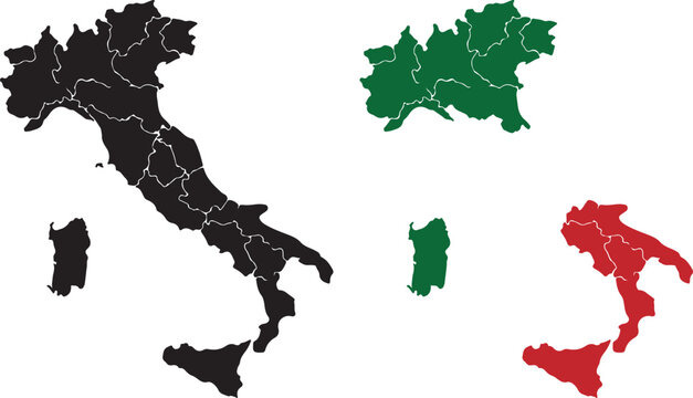 Italy Map Vector Set &ndash; Full Country, Northern Regions in Green, Southern Regions in Red with Sicily and Sardinia &ndash; Educational Geography Illustration