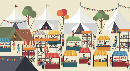 Naklejka premium Vibrant outdoor festival with colorful tents, lively stalls, and a cheerful crowd enjoying music and crafts.