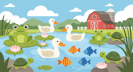 Naklejka premium Playful pond scene featuring ducks frogs fish lilies and reeds in a sunny rural landscape.