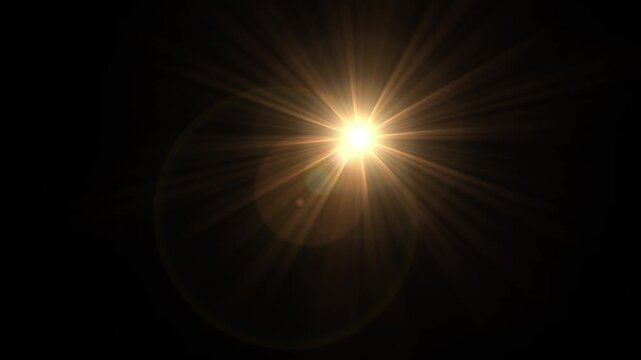Realistic golden sun flare with starburst rays moving left to right. Ideal for compositing a sunny day overlay or a hopeful light transition