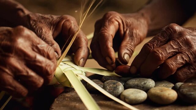 Closeup of elderly hands weaving traditional craft with palm leaves