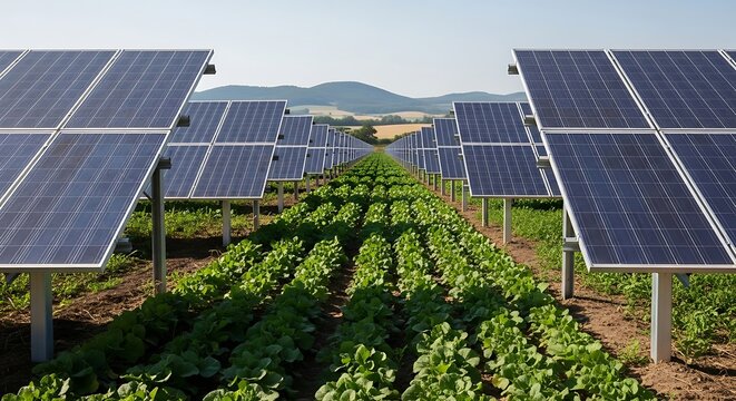 Rows of solar panels above green leafy crops in a sunny agricultural field with distant hills