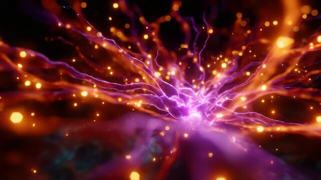 Vibrant Energy Waves Emanating from a Central Point, Illustrated in Bright Purple and Orange Colors with Sparkling Particles, Representing Dynamic Motion and Light.
