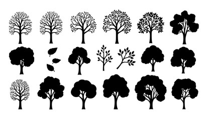 Hand Drawn Flat Tree and Leaf Collection Vector Set with Bare Trees Spring Leaves and Lush Green Foliage © Sova