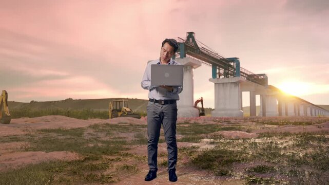 Full Body Of An Asian Male Professional Worker Standing With His Laptop at Bridge Construction with Concrete Pillars at Sunset, He Is Nodding His Head With Dissapionted
