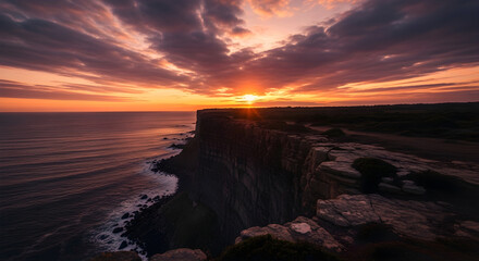 Dramatic coastal landscape at sunset with cliff silhouette and expansive sky. Strong visual impact with space for text and design overlays.