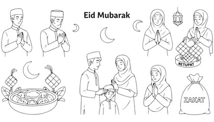 Fototapeta premium Eid Mubarak Hand-Drawn Muslim Family Celebration Vectors Set
