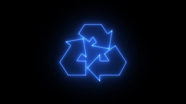 Glowing blue neon interlocking recycle arrows on a black background, representing continuous ecological cycles, waste management, and environmental sustainability.