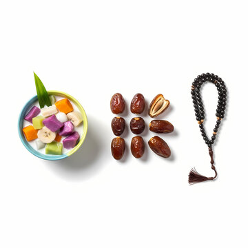 Top view flat lay of colorful Kolak dessert, fresh dates, and prayer beads on white background.
