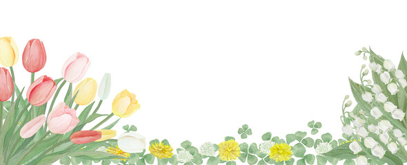 Fototapeta premium Watercolor spring flower border with tulips, clover, dandelions, and lily of the valley, floral footer background for natural garden events.-300dpi- 