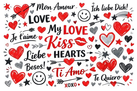 Romantic Doodle Collage &ndash; Multilingual Love Words and Symbols
