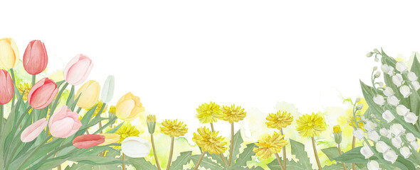 Obraz premium Watercolor spring flower border background with tulips, dandelions, and lily of the valley, sunny floral footer for seasonal greeting card.-300dpi- 