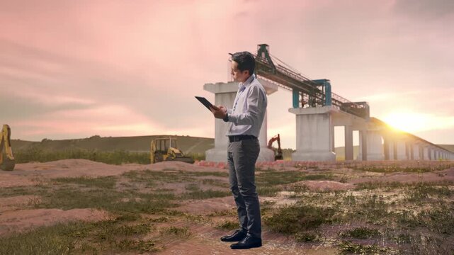 Full Body Side View Of An Asian Male Professional Worker Standing With His Tablet at Bridge Construction with Concrete Pillars at Sunset, He Is Nodding His Head With Dissapionted
