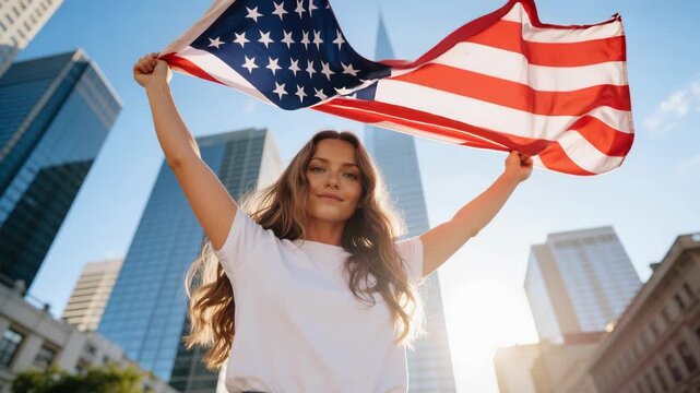 Camera moving to low angle view. Proud serious young woman standing on street holding usa flag under blue sky looking at camera.