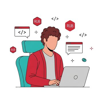 An illustration of a developer, likely using Ruby, working on a laptop. Ideal for themes of programming, web development, coding, and technology.