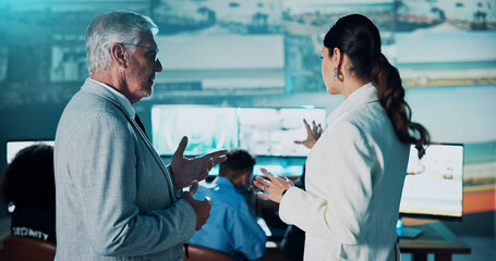 People, private investigation and discussion with security system for safety breach or protocol....