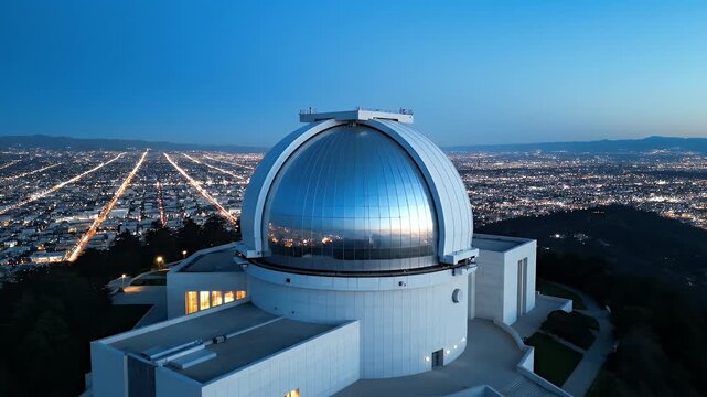 Modern observatory dome reflects city lights below from a mountaintop at dusk