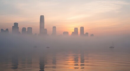 Obraz premium A metropolitan skyline partially obscured by thick fog at sunrise or sunset with buildings reflecting on the calm water surface Small boats drift on the water