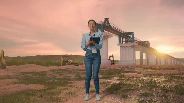 Full Body Side View Of Asian Female With Her Tablet at Bridge Construction with Concrete Pillars at Sunset, Typing And Dissapionted With Nodding Her Shead 