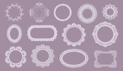 Lace Oval and Circle Border, decorative guipure lace doilies and floral filigree elements created for bridal invitations, wedding stationery design, elegant labeling, vintage scrapbook projects