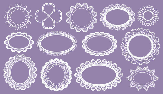 Lace Oval and Circle Border, guipure doilies with delicate floral filigree designed for wedding invitations, bridal stationery, elegant labels, vintage scrapbook frames, and isolated laser cut vector 