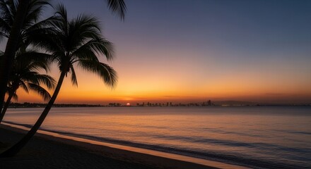Fototapeta premium A serene coastal sunset with silhouetted palm trees framing a distant city skyline over calm water