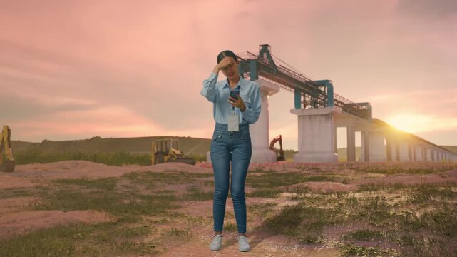 Full Body Of Asian Female With Her Smarphone at Bridge Construction with Concrete Pillars at Sunset, She Is Nodding Her Shead With Dissapionted