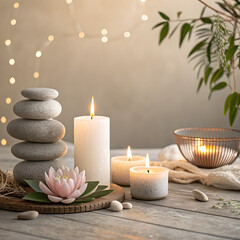 Calm wellness background, soft lighting, neutral colors
