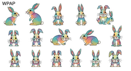 Fototapeta premium Colorful Cartoon Rabbits in Various Poses 1.