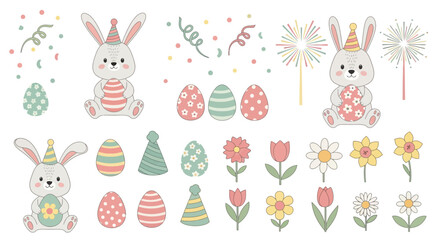 Easter bunnies eggs flowers illustration set.