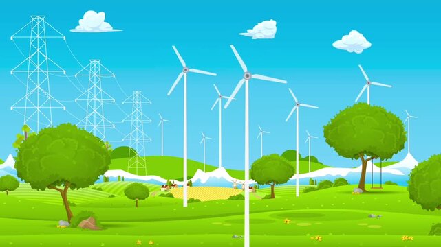 2D Animated Wind Farm Landscape with Spinning Turbines and Power Lines on Green Hills.