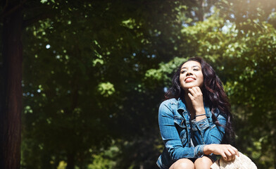 Inspiration, relax and smile with woman at park for chilling, fresh air or me time in summer. Morning, space and thinking with happy person outdoor in nature for pause, weekend break or wellness