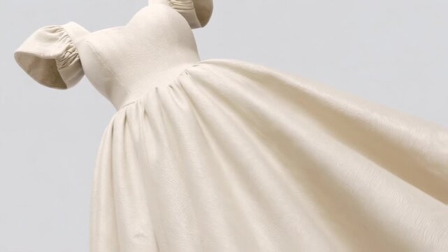 A creamy, off-white gown with puff sleeves against a plain backdrop