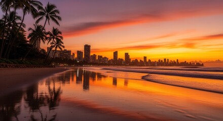 Fototapeta premium City skyline silhouette against a vibrant sunrise or sunset sky with palm trees wet beach sand reflecting light and soft ocean waves