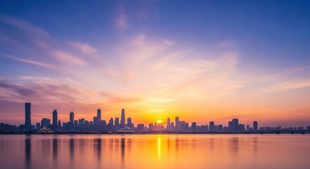 Fototapeta premium City skyline silhouetted against a radiant sunset sky featuring hues of orange yellow blue and purple reflected on calm water with visible buildings