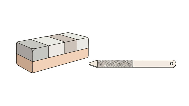 Stylized rendering of a multisided nail buffer block and a nail file tool