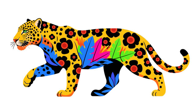 Stylized yellow leopard illustration with bright floral and leaf patterns